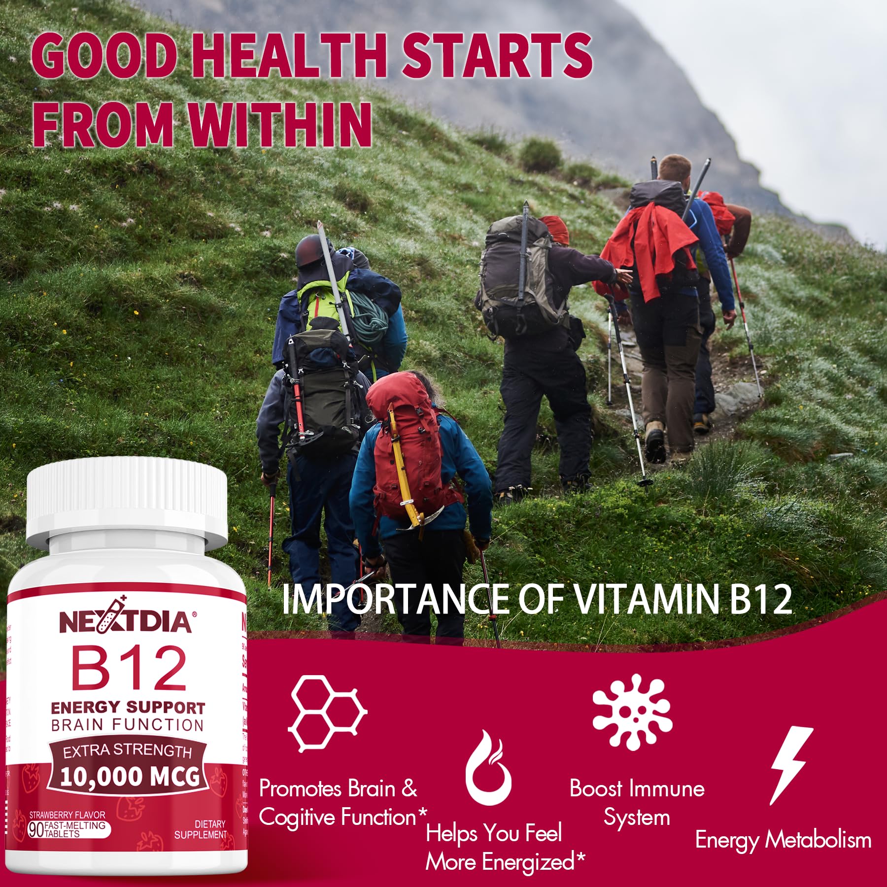 Nextdia B12 strawberry flavor tablets in bottle