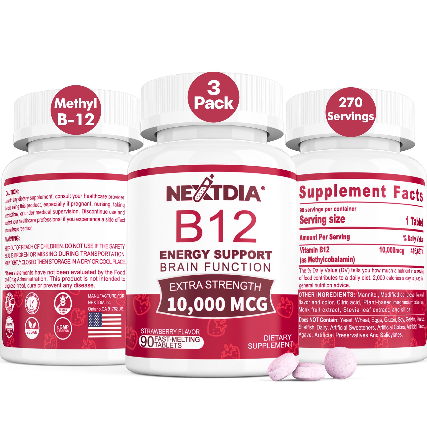 Nextdia B12 sublingual tablet dissolving under tongue for quick energy support.