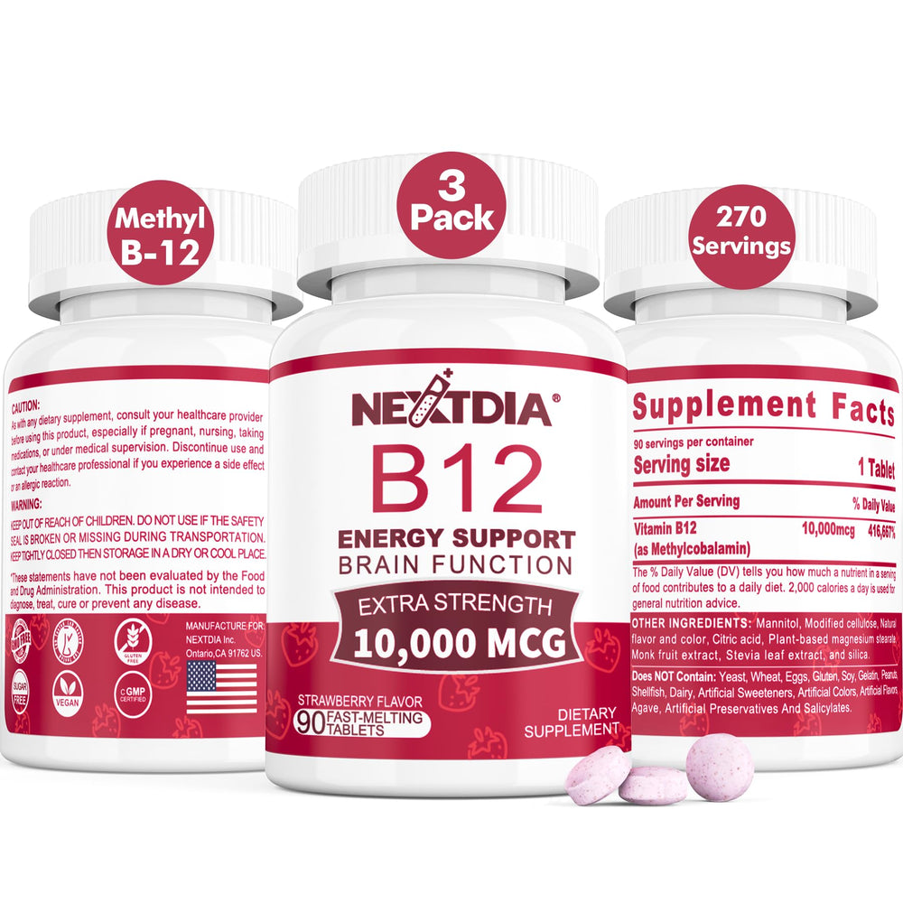 Nextdia B12 sublingual tablet dissolving under tongue for quick energy support.