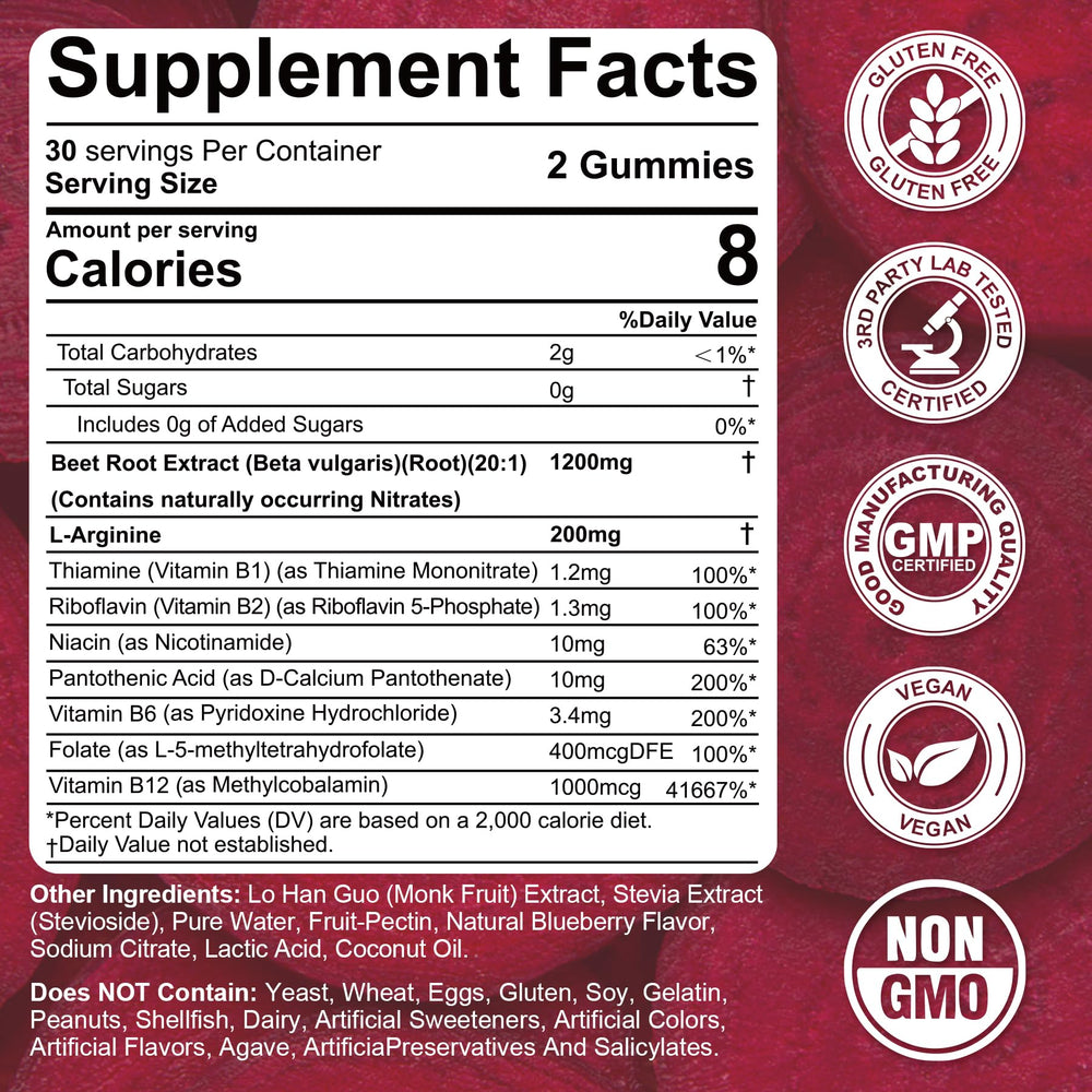 Nextdia Beet Root Gummies bottle close-up shows vibrant red chews for daily use.