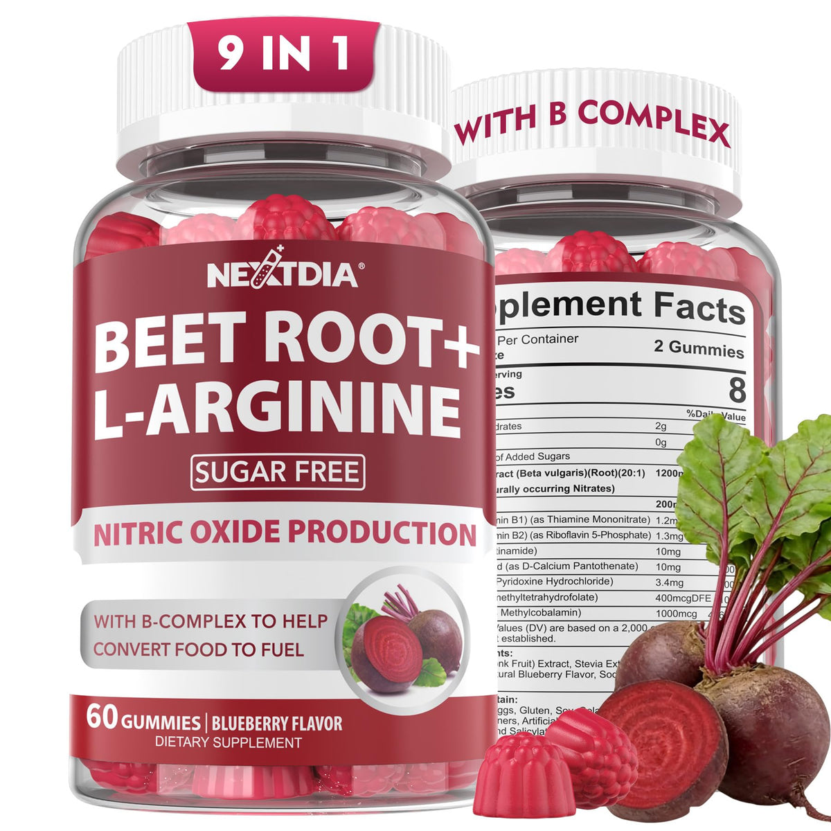 Nextdia Beet Root Gummies packaging highlights ingredients for energy support.