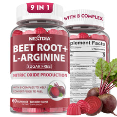 Nextdia Beet Root Gummies packaging highlights ingredients for energy support.