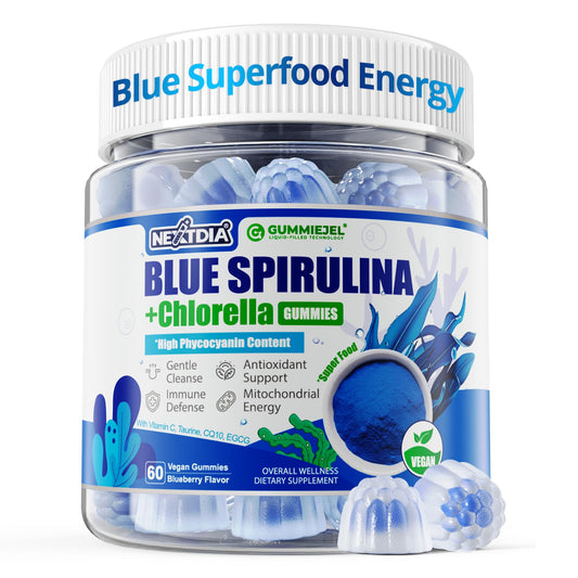Nextdia Blue Spirulina Gummies bottle shows vegan, sugar-free energy-boosting snack.