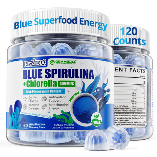 Nextdia Blue Spirulina Gummies bottle highlights convenient daily energy support.