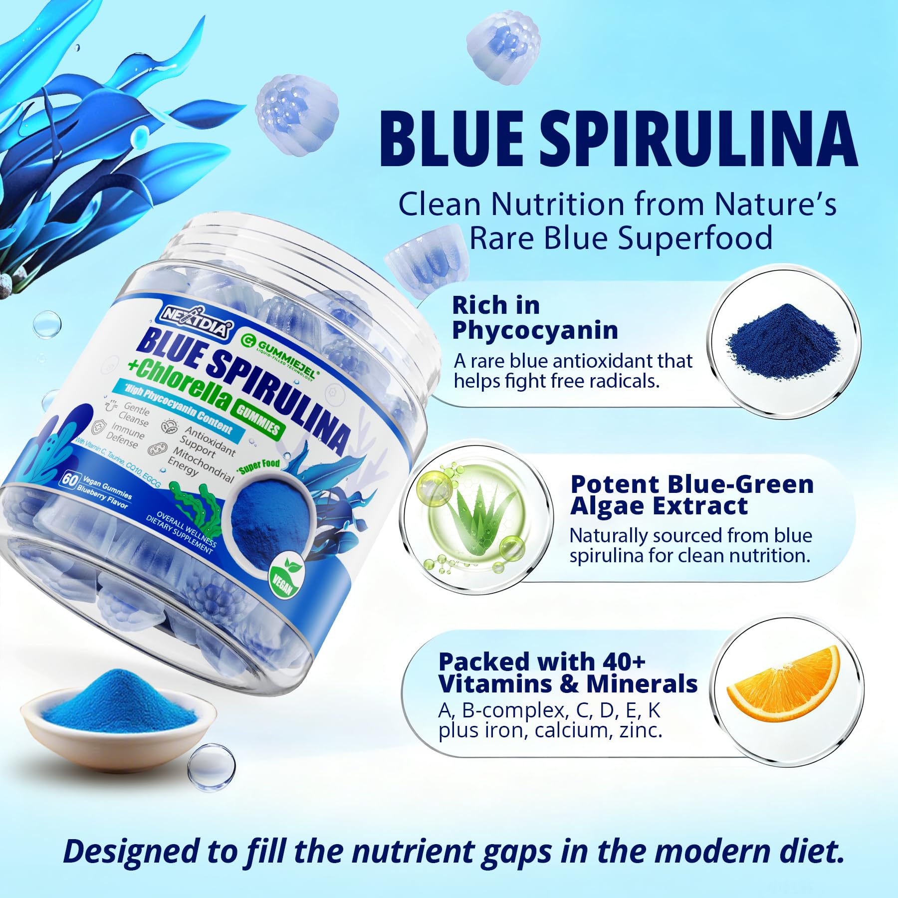 Nextdia Blue Spirulina Gummies ingredient image features CoQ10 and taurine for energy.