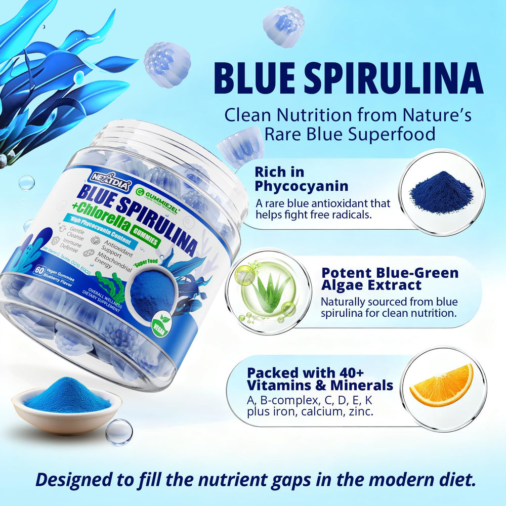Nextdia Blue Spirulina Gummies ingredient image features CoQ10 and taurine for energy.