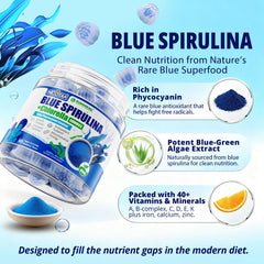 Nextdia Blue Spirulina Gummies ingredient image features CoQ10 and taurine for energy.