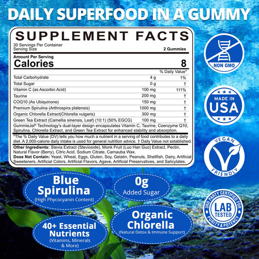 Nextdia Blue Spirulina Gummies label closeup highlights sugar-free formula.
