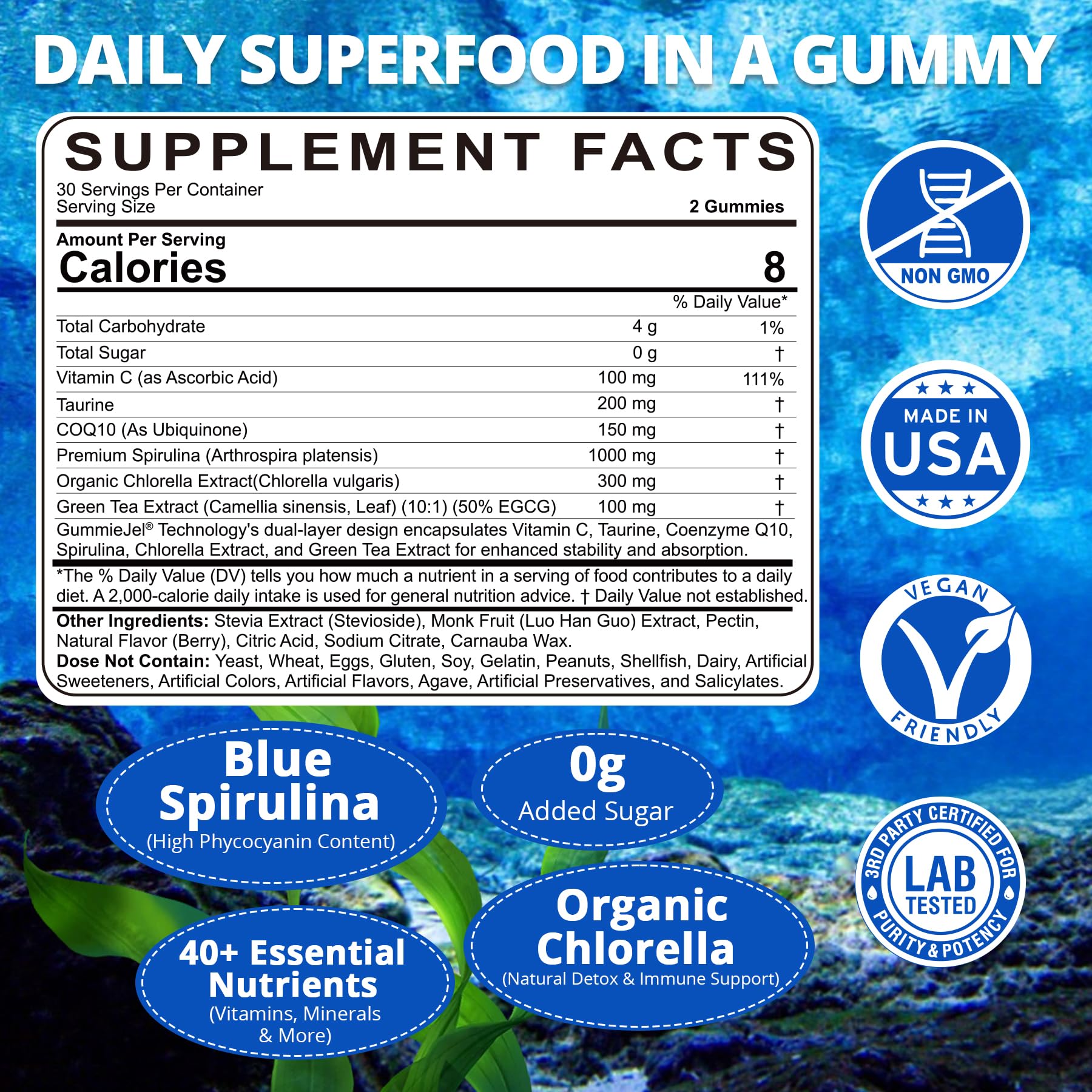 Nextdia Blue Spirulina Gummies serving highlights convenient daily antioxidant support.
