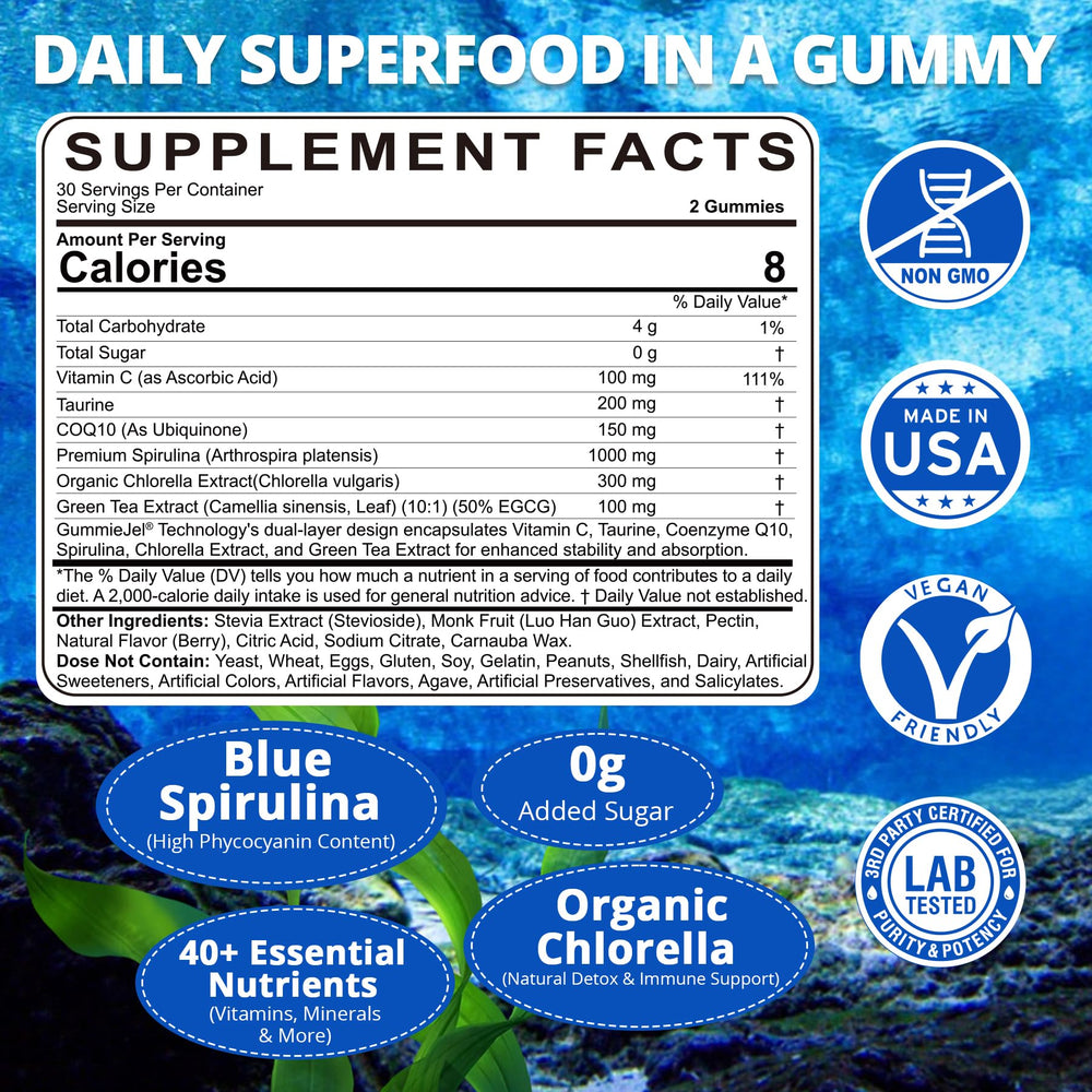 Nextdia Blue Spirulina Gummies serving highlights convenient daily antioxidant support.