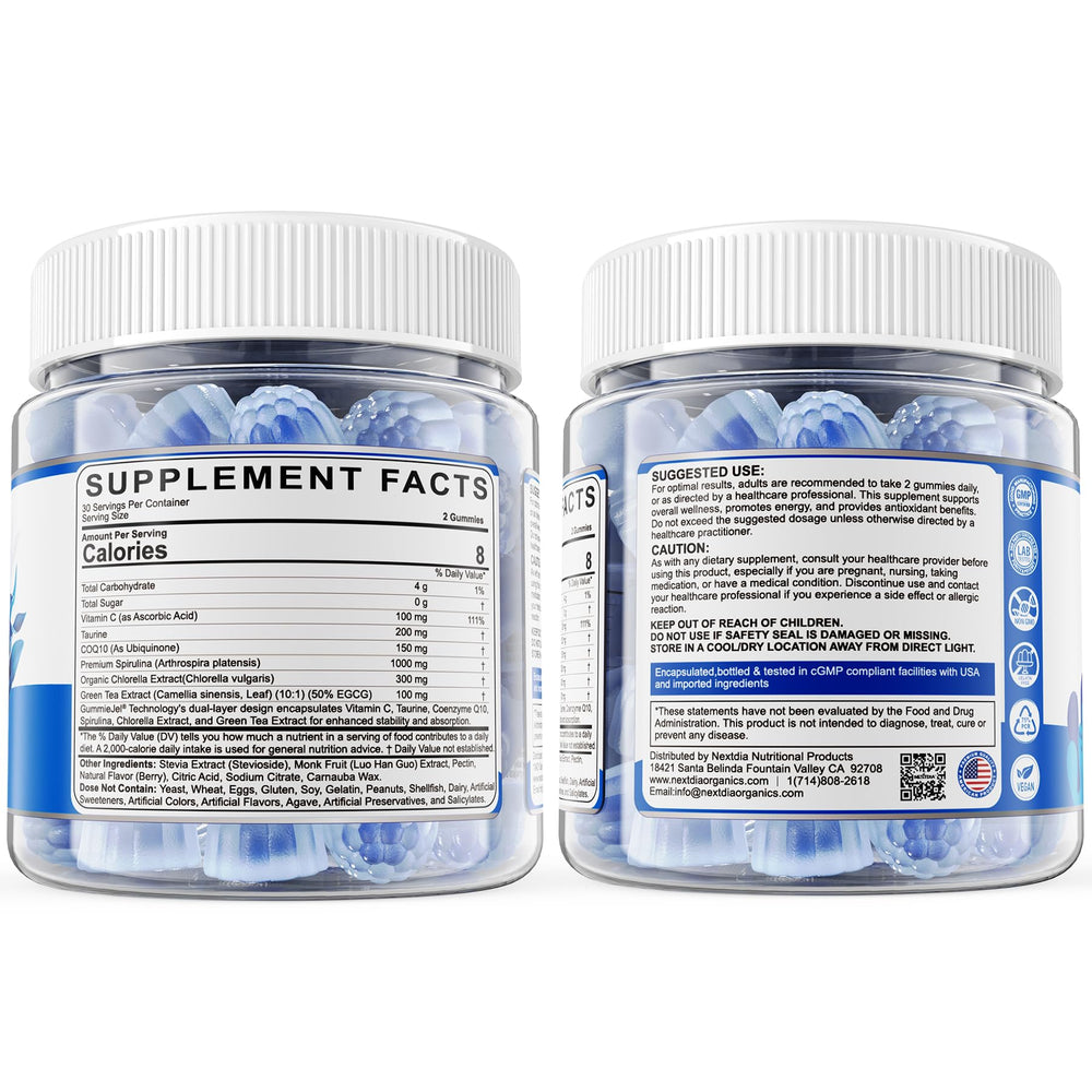 Nextdia Blue Spirulina Gummies vegan and gluten-free seal visible.