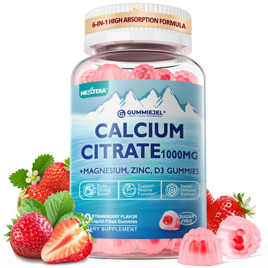 Nextdia calcium citrate 1000mg bottle highlights bone support and absorption.
