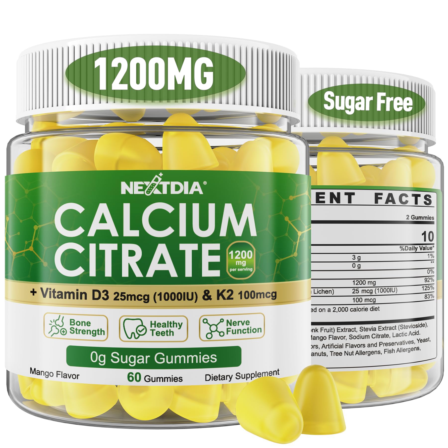 Nextdia calcium citrate 1200mg bottle highlights bone support and easy-to-digest chews.