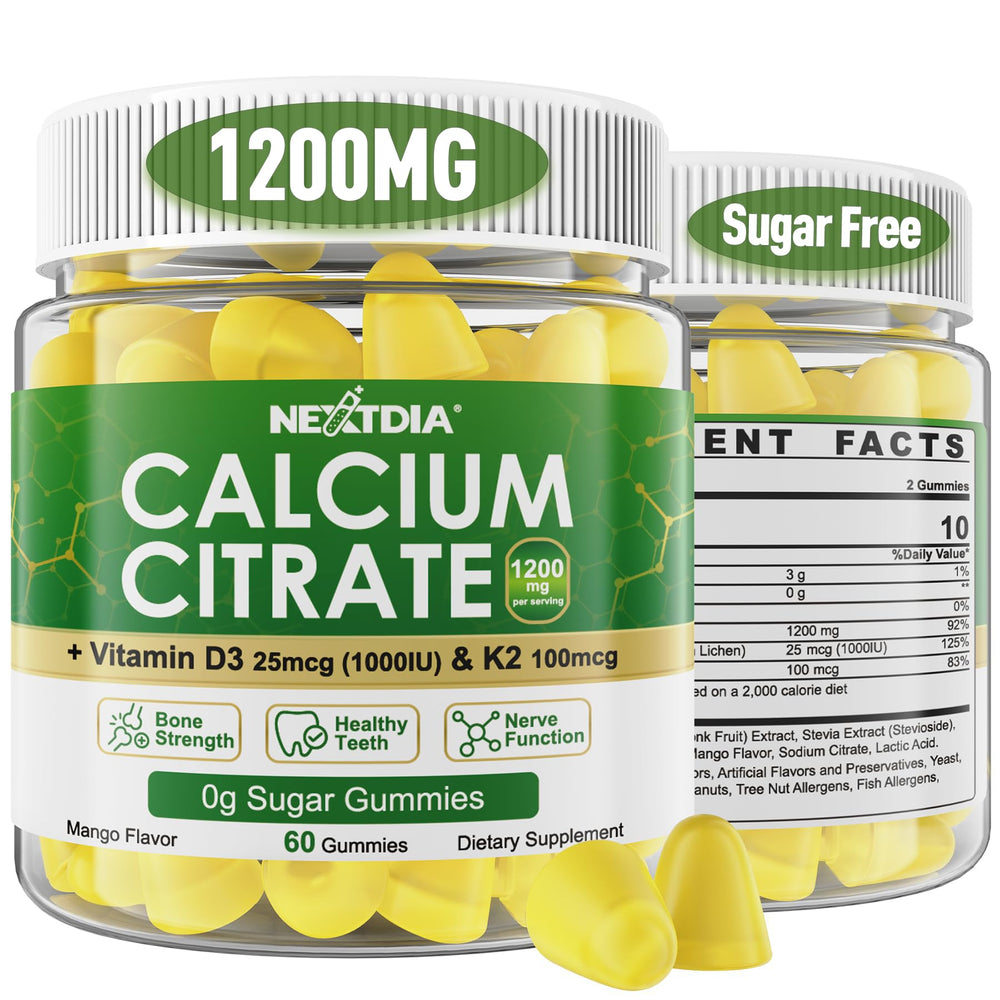 Nextdia calcium citrate 1200mg bottle highlights bone support and easy-to-digest chews.