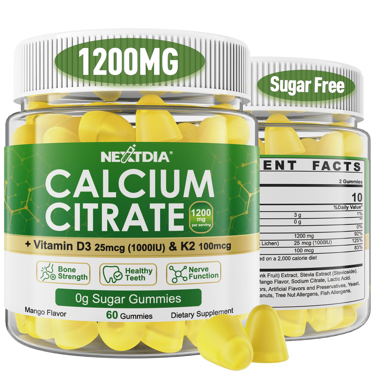 Nextdia calcium citrate 1200mg bottle highlights bone support and easy-to-digest chews.