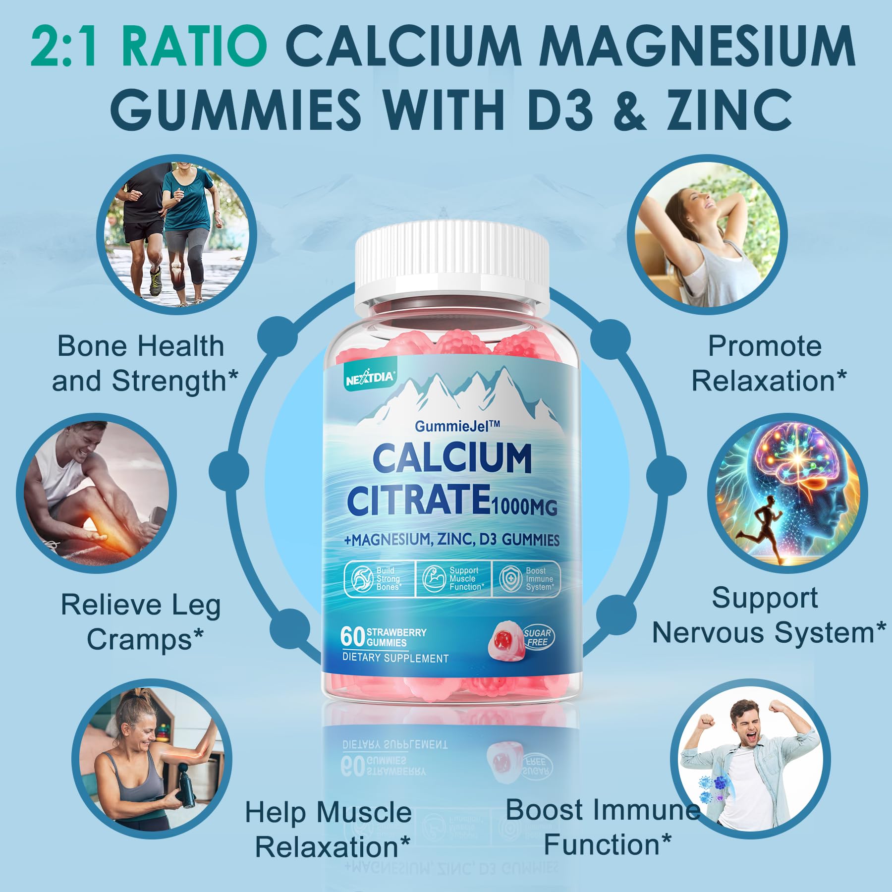 Nextdia calcium magnesium 2-to-1 ratio gummies emphasizing balanced minerals