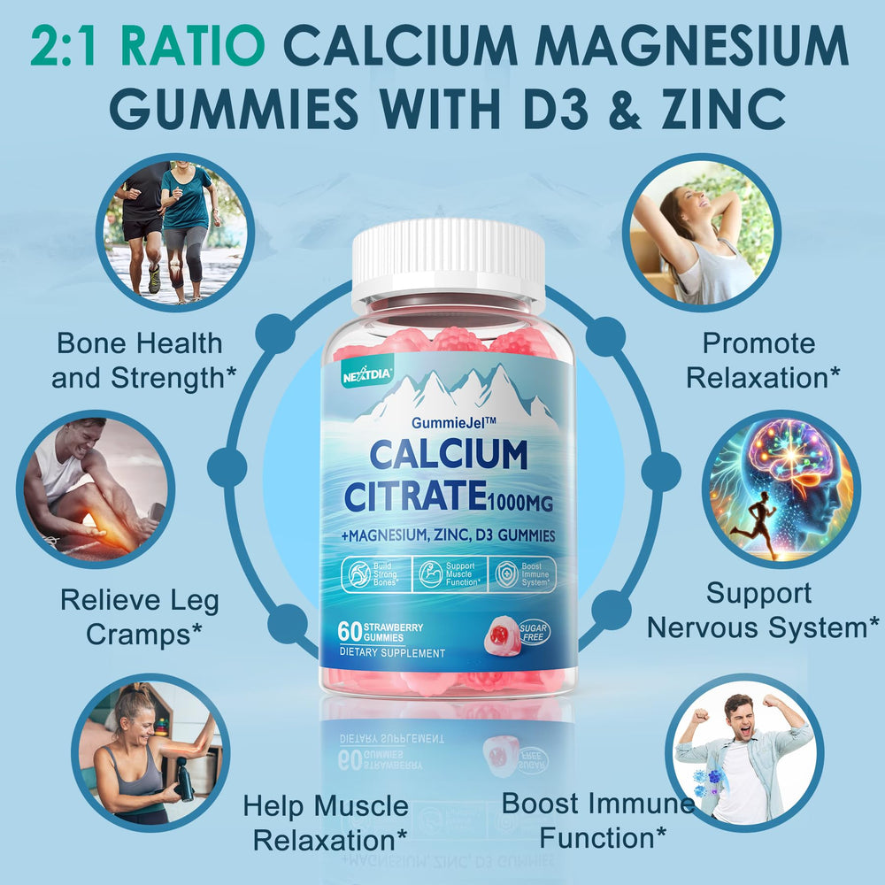 Nextdia calcium magnesium 2-to-1 ratio gummies emphasizing balanced minerals
