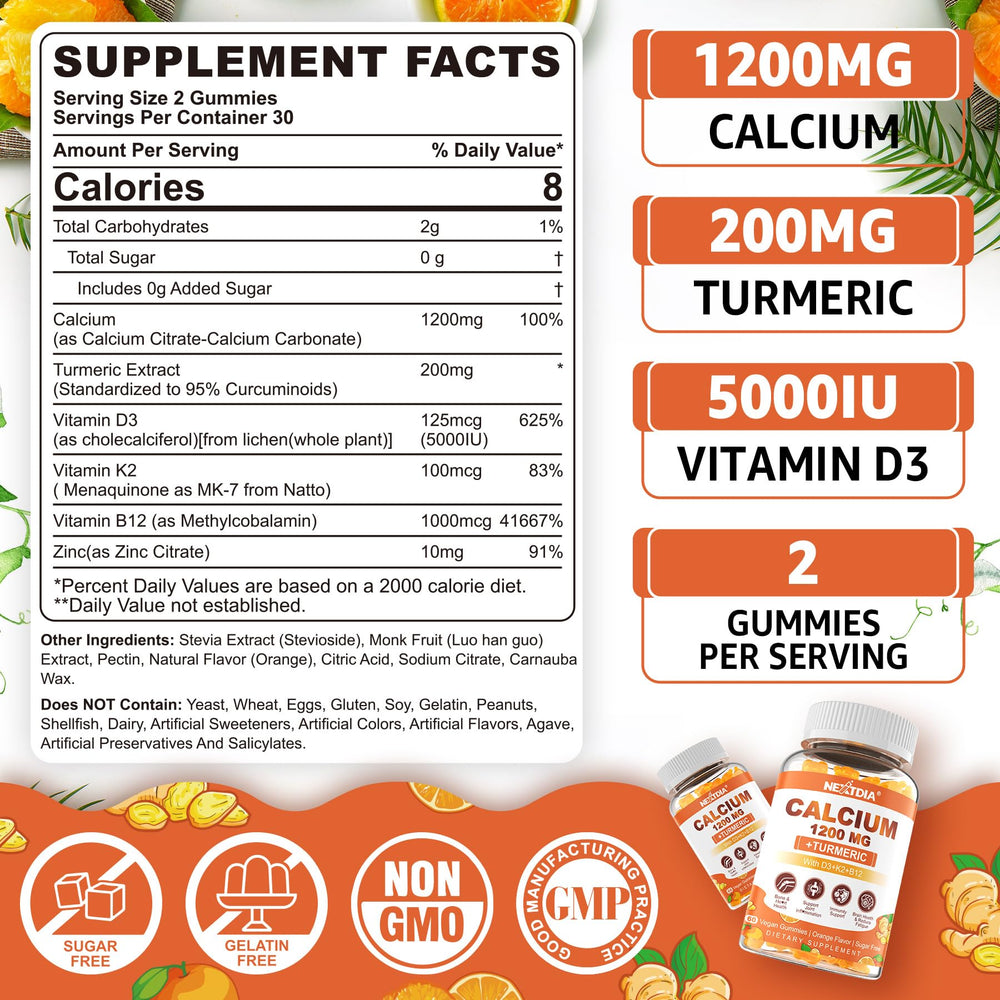 Nextdia calcium turmeric gummies on plate showing bite-sized chewables