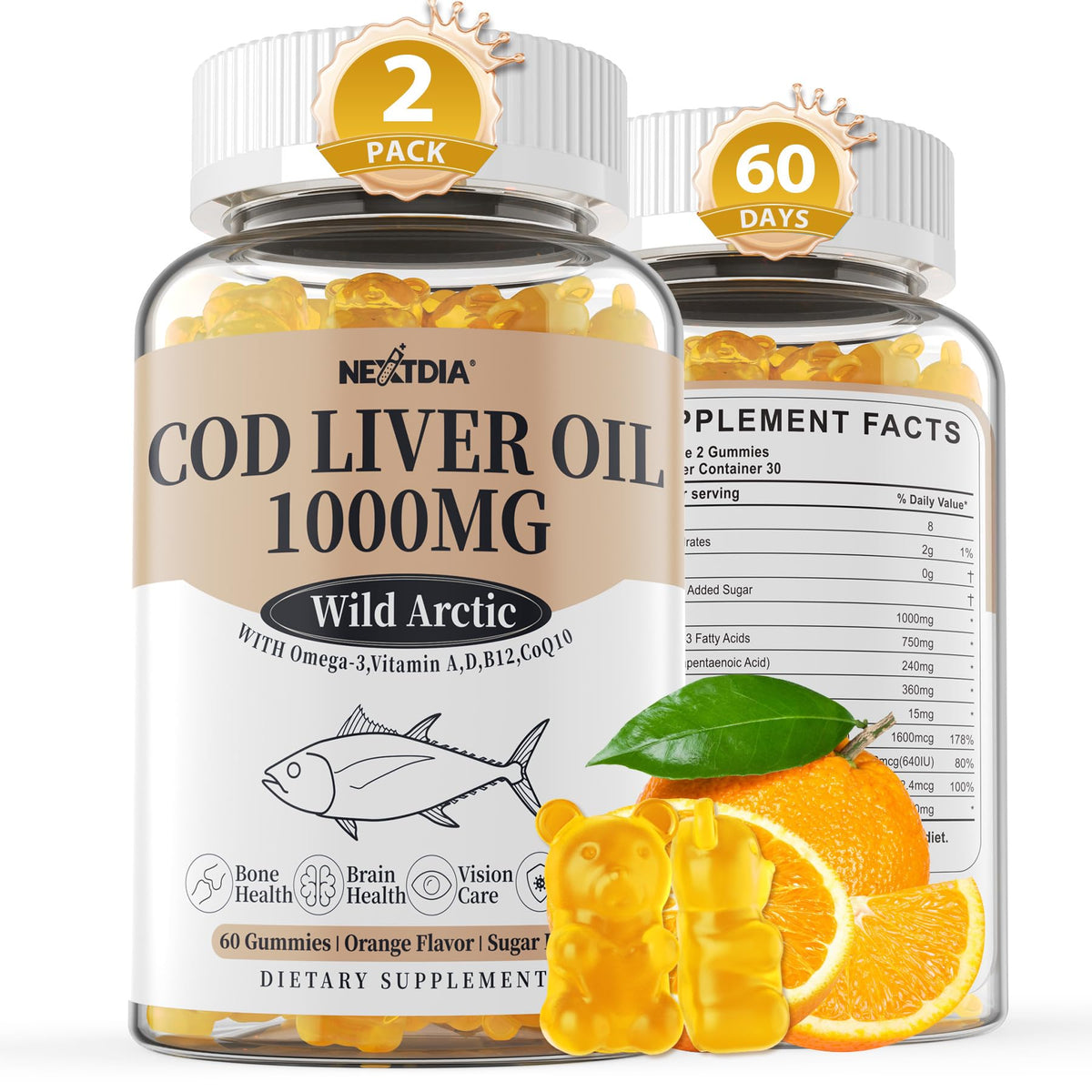 Nextdia Cod Liver Oil Gummies bottle with orange chews for daily omega-3 intake