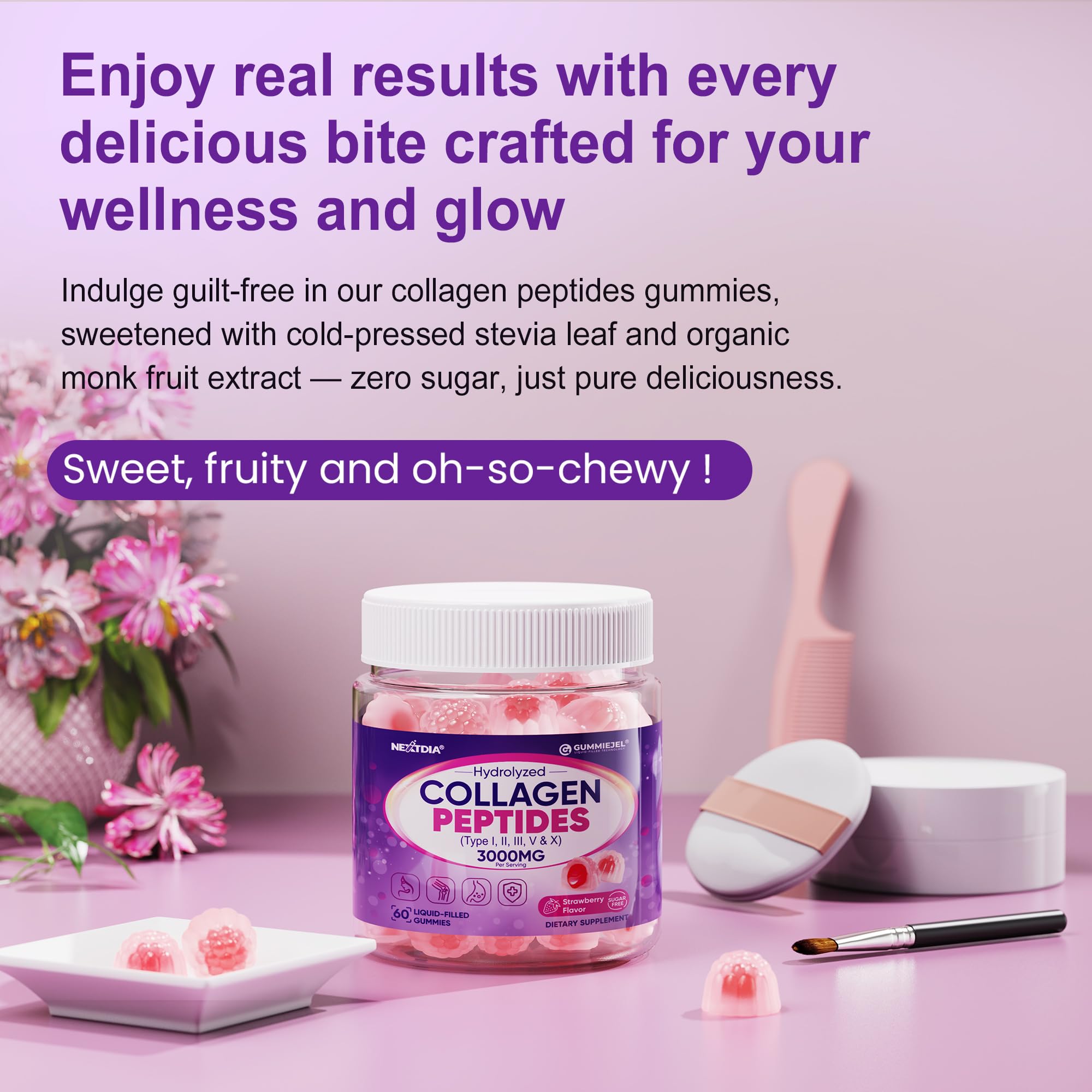 Nextdia Collagen Gummies sugar-free icon and clean label emphasis