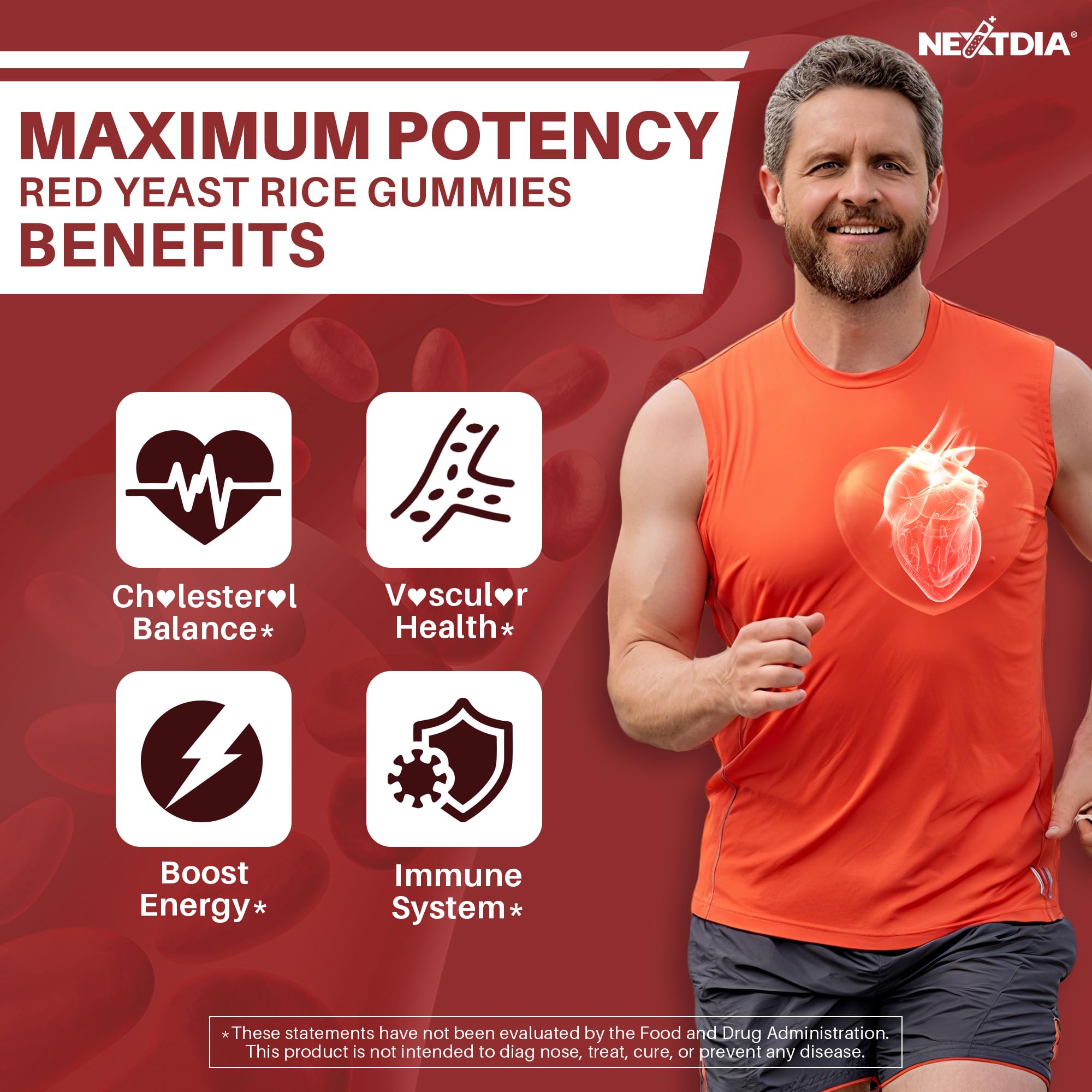 Nextdia label close-up with CoQ10 and plant sterols for heart-friendly ingredients.