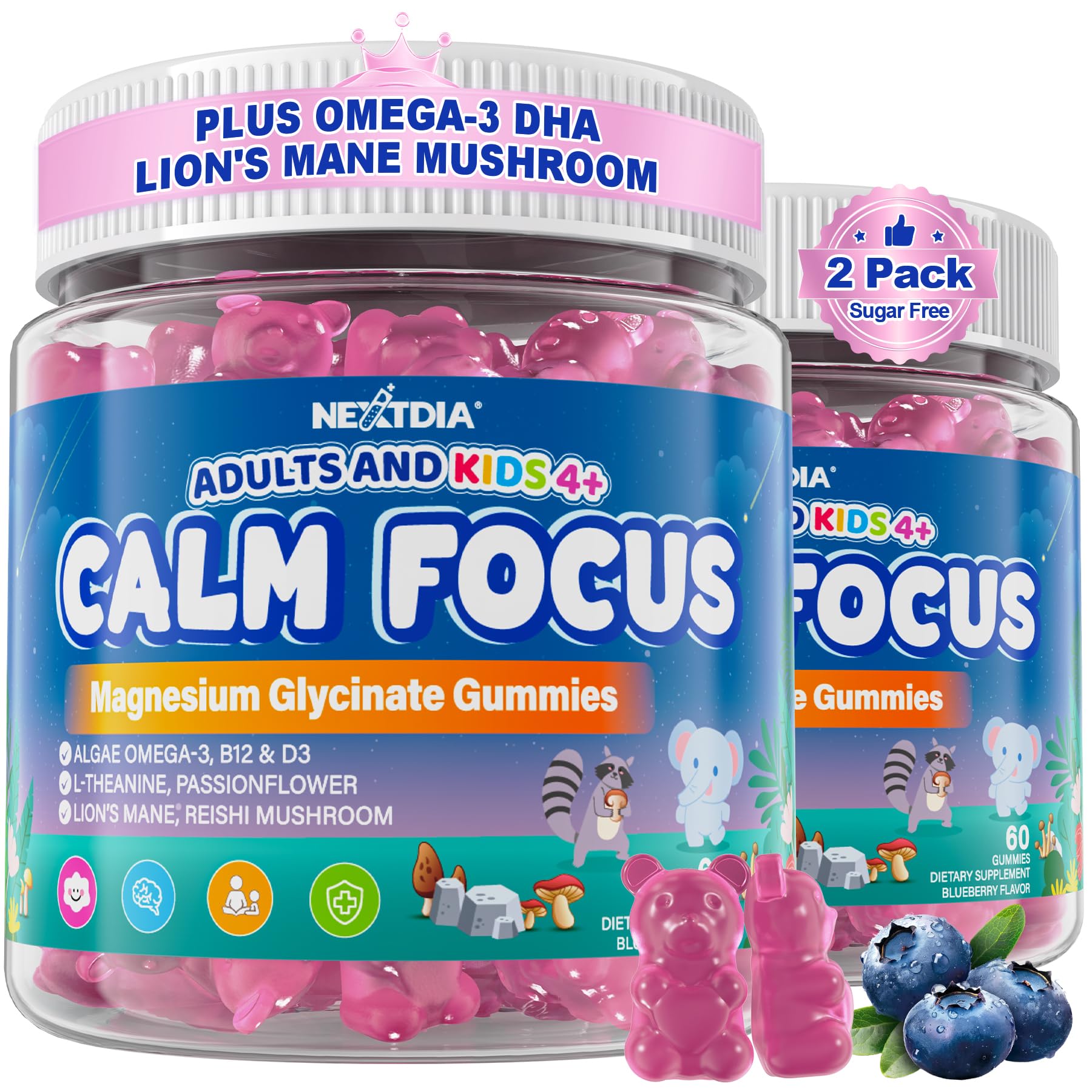 Nextdia Focus Gummies bottle front view showing family-friendly calm and focus throughout the day.