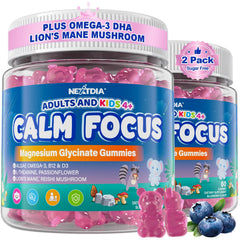 Nextdia Focus Gummies bottle front view showing family-friendly calm and focus throughout the day.