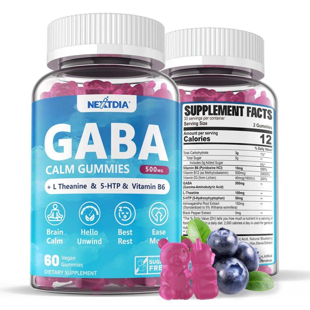 Nextdia GABA Gummies 500mg bottle on shelf promoting calm focus
