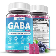 Nextdia GABA Gummies 500mg bottle on shelf promoting calm focus