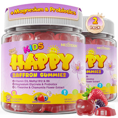 Nextdia Happy Saffron Gummies bottle front promoting calm focus for kids
