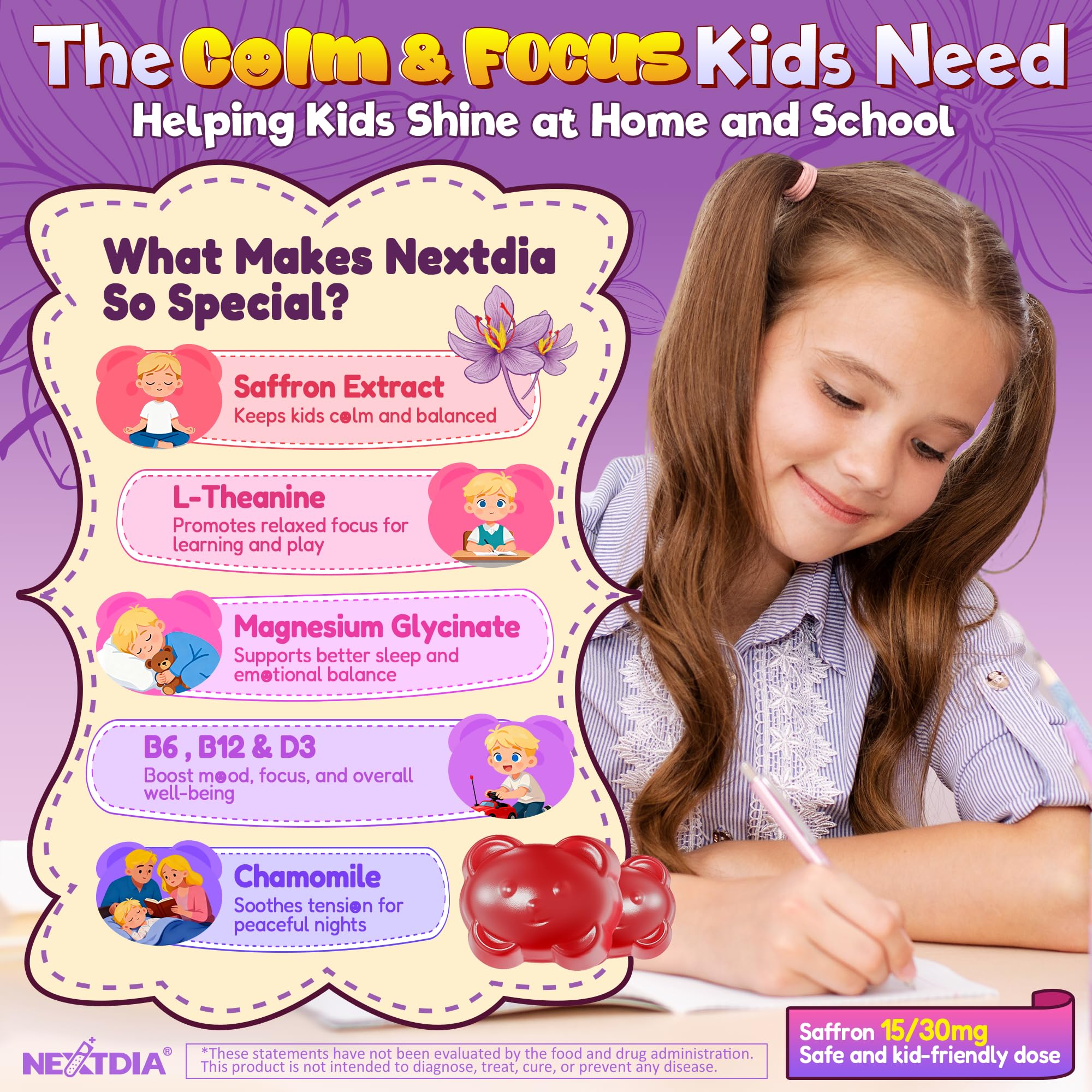 Nextdia Happy Saffron Gummies label highlights non-stimulating calm for kids