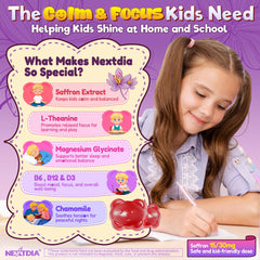 Nextdia Happy Saffron Gummies label highlights non-stimulating calm for kids