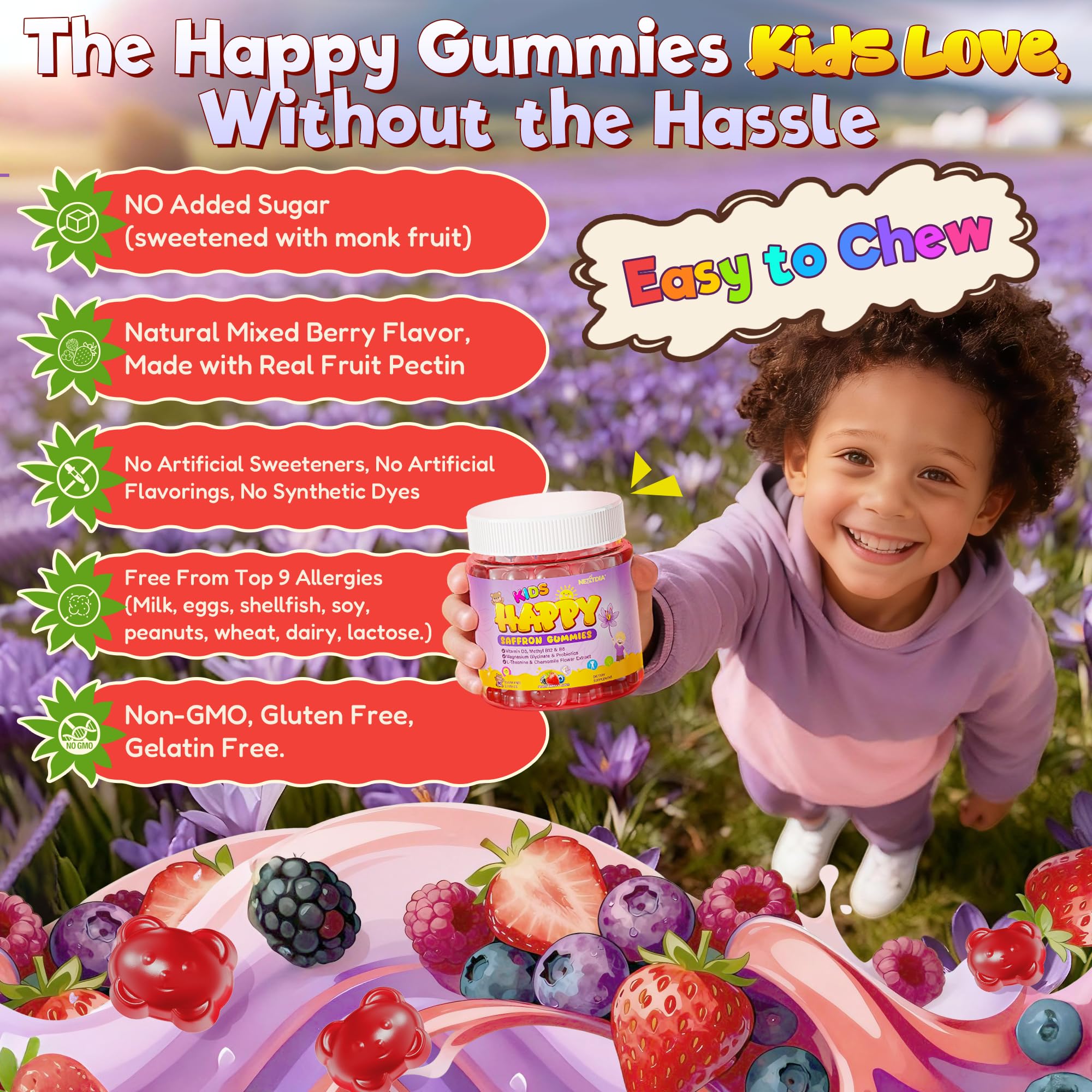 Nextdia Happy Saffron Gummies packaging designed for kids' daily routine