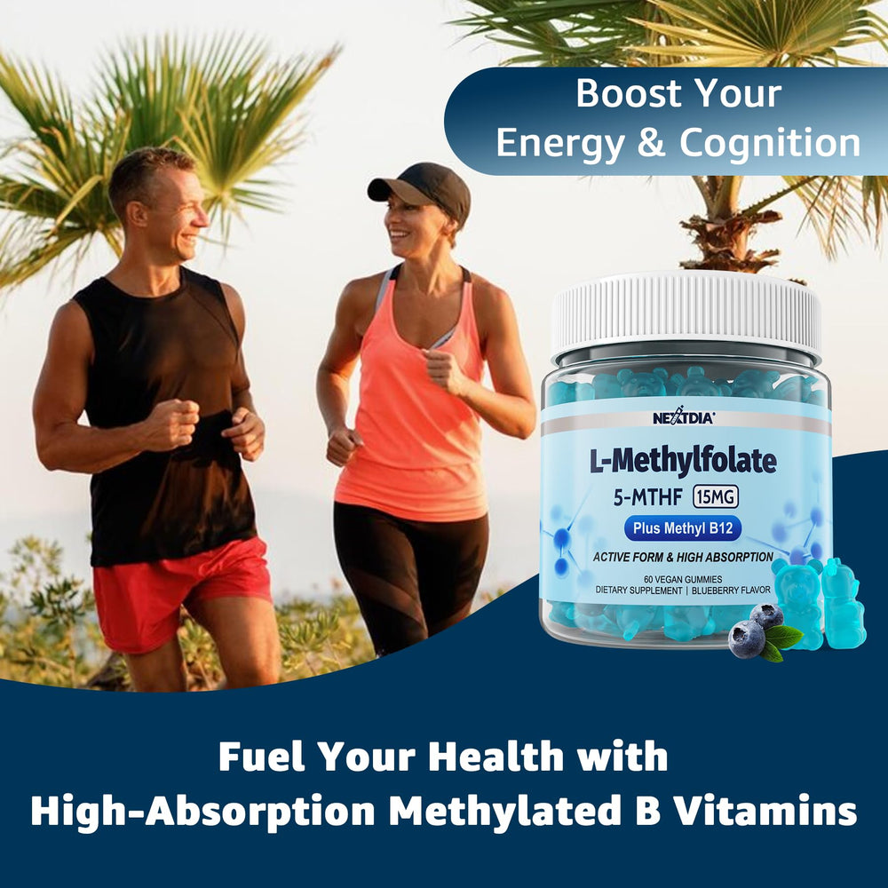 Nextdia high-absorption folate gummies in a modern bottle for easy daily routine.