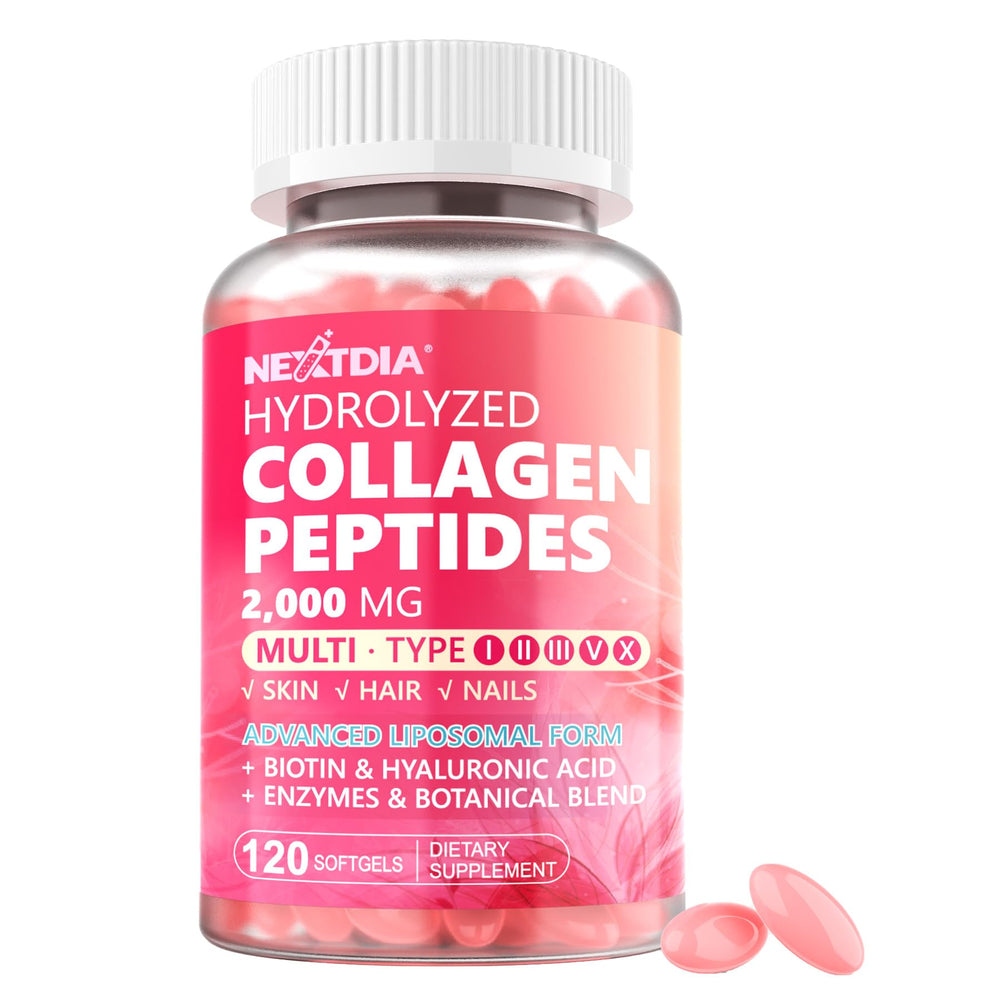 Nextdia hydrolyzed collagen softgels with types I–III support for skin and joints.