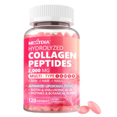 Nextdia hydrolyzed collagen softgels with types I–III support for skin and joints.