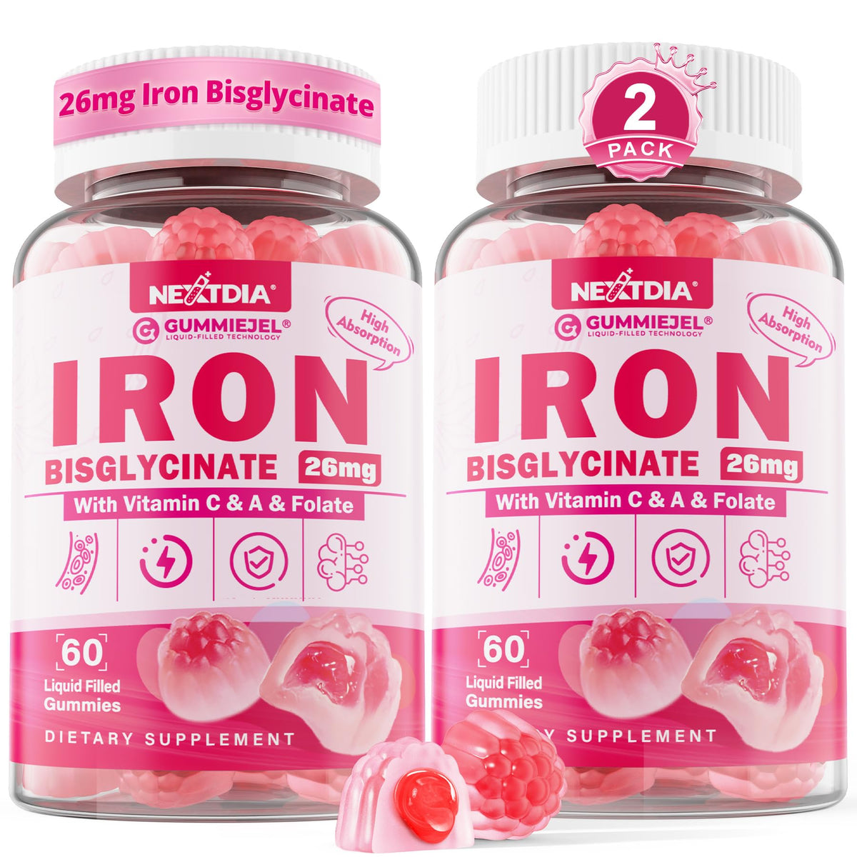 Nextdia Iron Bisglycinate Gummies bottle front showing gentle iron support.