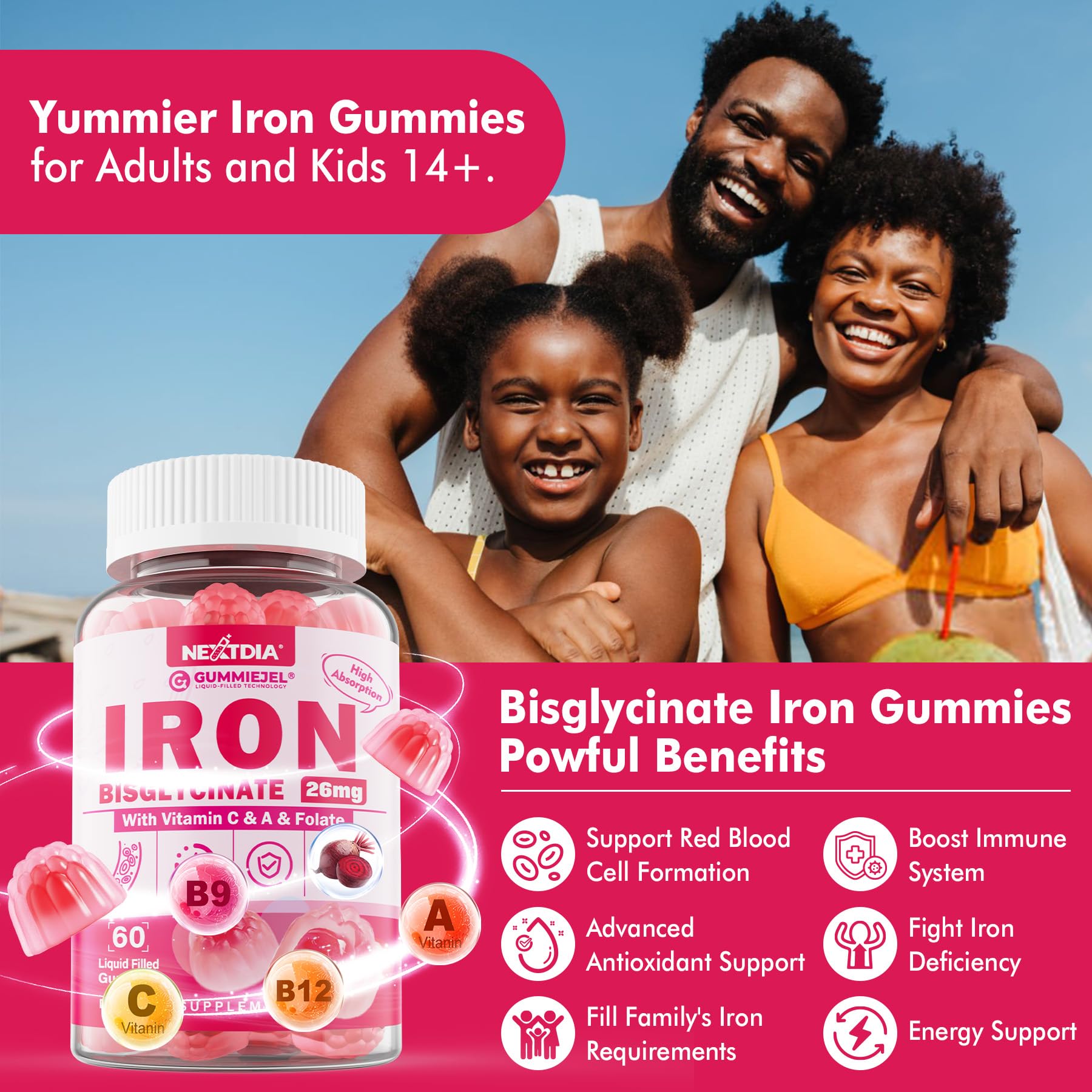 Family-friendly serving shot with adults and teens enjoying Nextdia gummies.