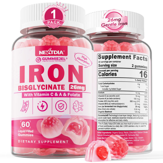 Nextdia Iron Bisglycinate Gummies jar front shows inviting, gentle iron support.