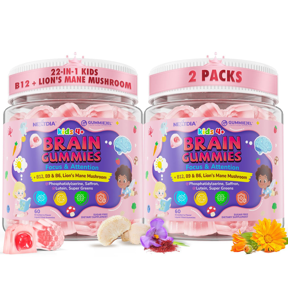 Nextdia Kids Brain Gummies with liquid core delivery for better absorption and brain focus.
