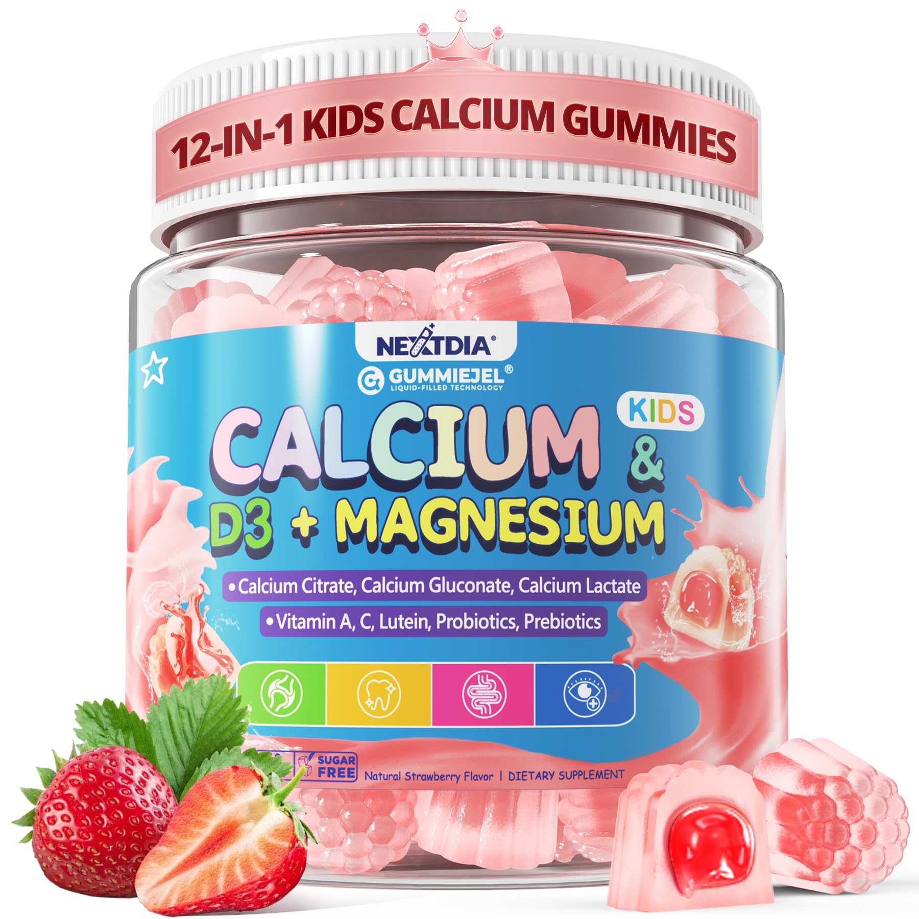 Nextdia Kids Calcium Gummies bottle with strawberry flavor for growing bones.