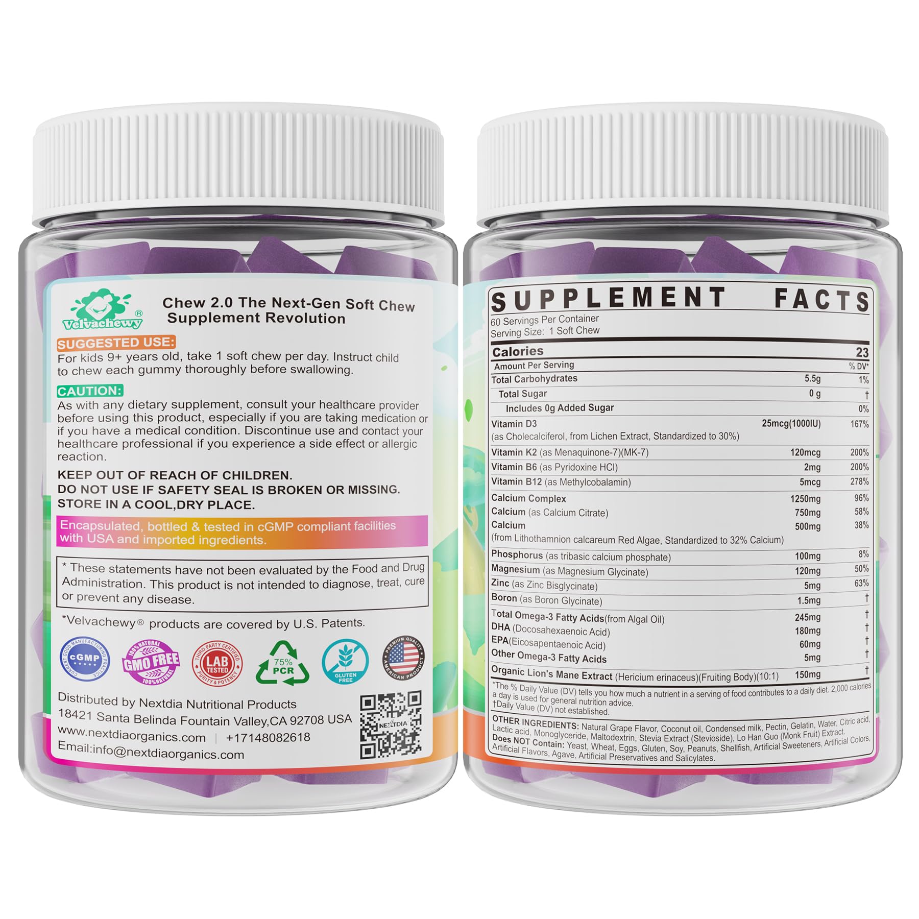 Nextdia Kids Calcium Soft Chews suitable for ages 9 and up on the label