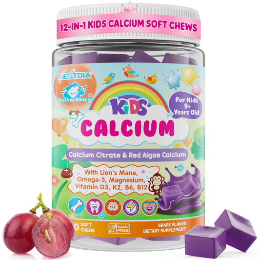 Nextdia Kids Calcium Soft Chews bottle with grape flavor supports growing bones and teeth