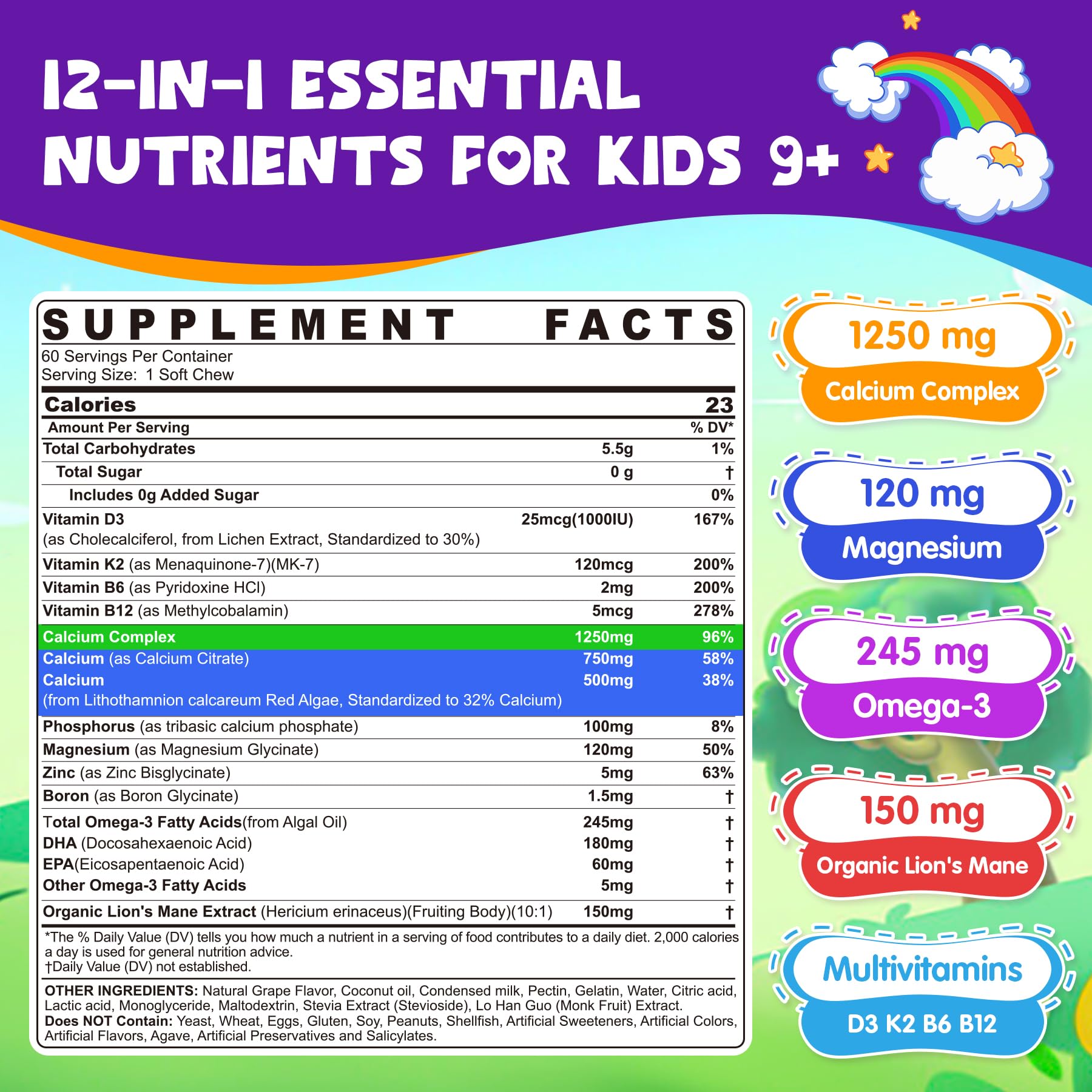 Nextdia Kids Calcium Soft Chews packaging highlights 12-in-1 nutrients for active kids