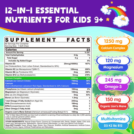 Nextdia Kids Calcium Soft Chews packaging highlights 12-in-1 nutrients for active kids