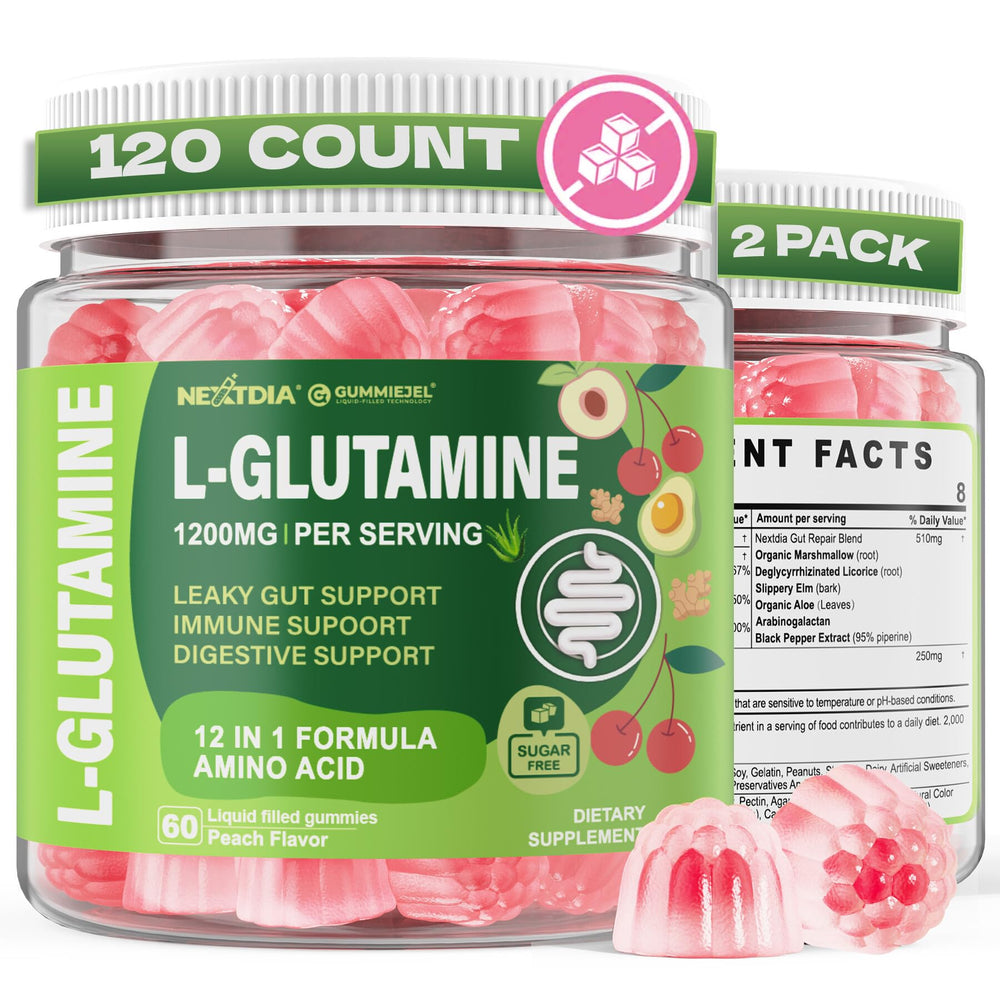 Nextdia L-Glutamine gummies bottle pour for convenient gut support.