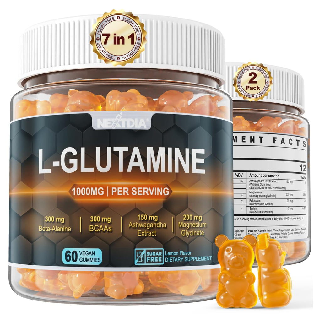 Nextdia L-Glutamine Gummies bottle, a sugar-free vegan option for daily wellness.