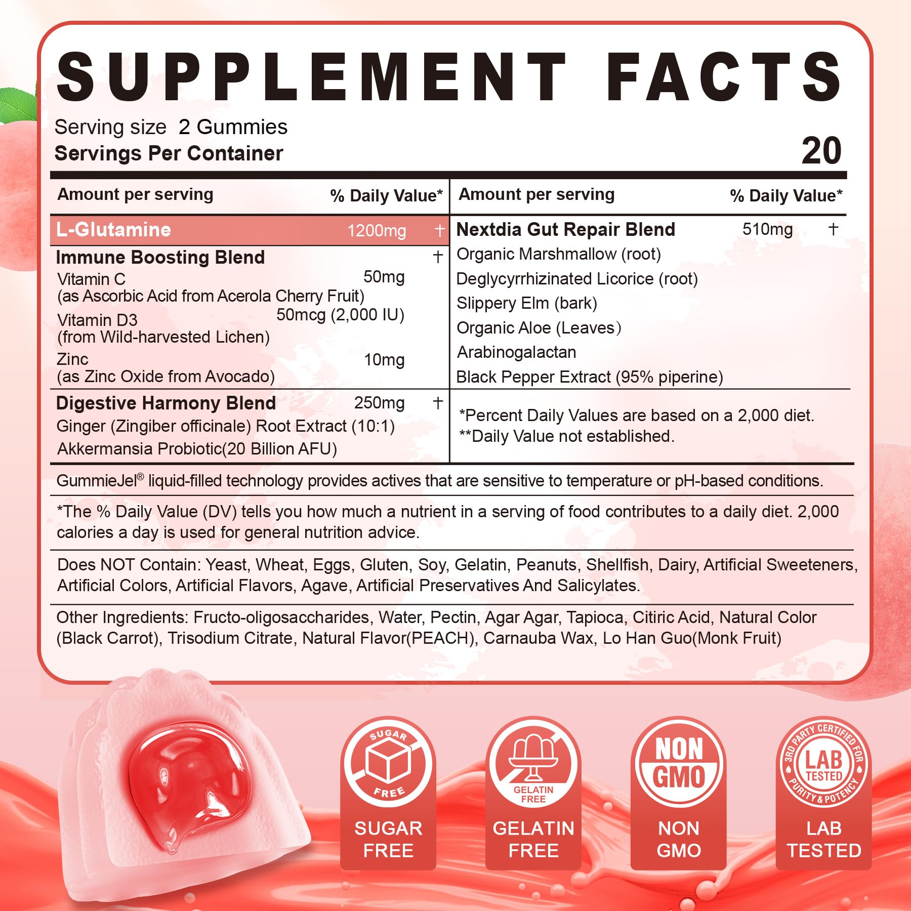 Nextdia L-Glutamine gummies jar closeup highlighting tasty daily gut support flavor.