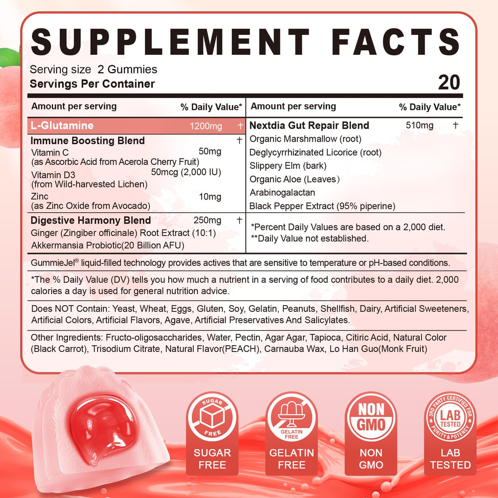 Nextdia L-Glutamine gummies jar closeup highlighting tasty daily gut support flavor.