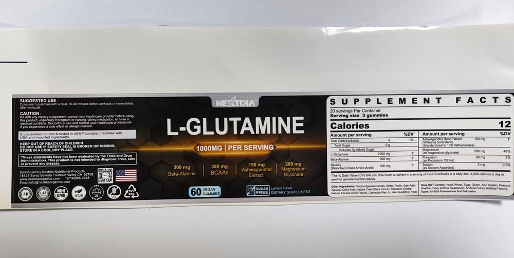 Night-time use scene with Nextdia L-Glutamine Gummies for convenient dosing.